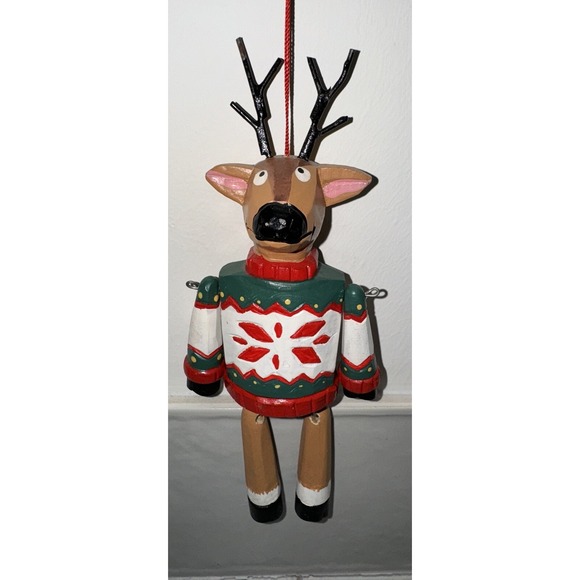 The Unbranded Brand Other - Wooden Reindeer In Holiday Sweater Christmas Ornament With Dangle Legs